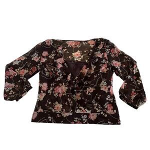Brown Floral Sheer Ruffle Baby Doll Wrap Blouse Top Sz 6P Forest Fairy Grunge